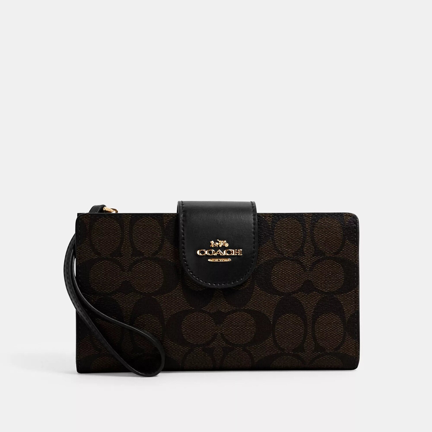 

Кошелек для телефона Coach Outlet Tech из канвы с цветными блоками и подписью, цвет Gold/Brown Black
