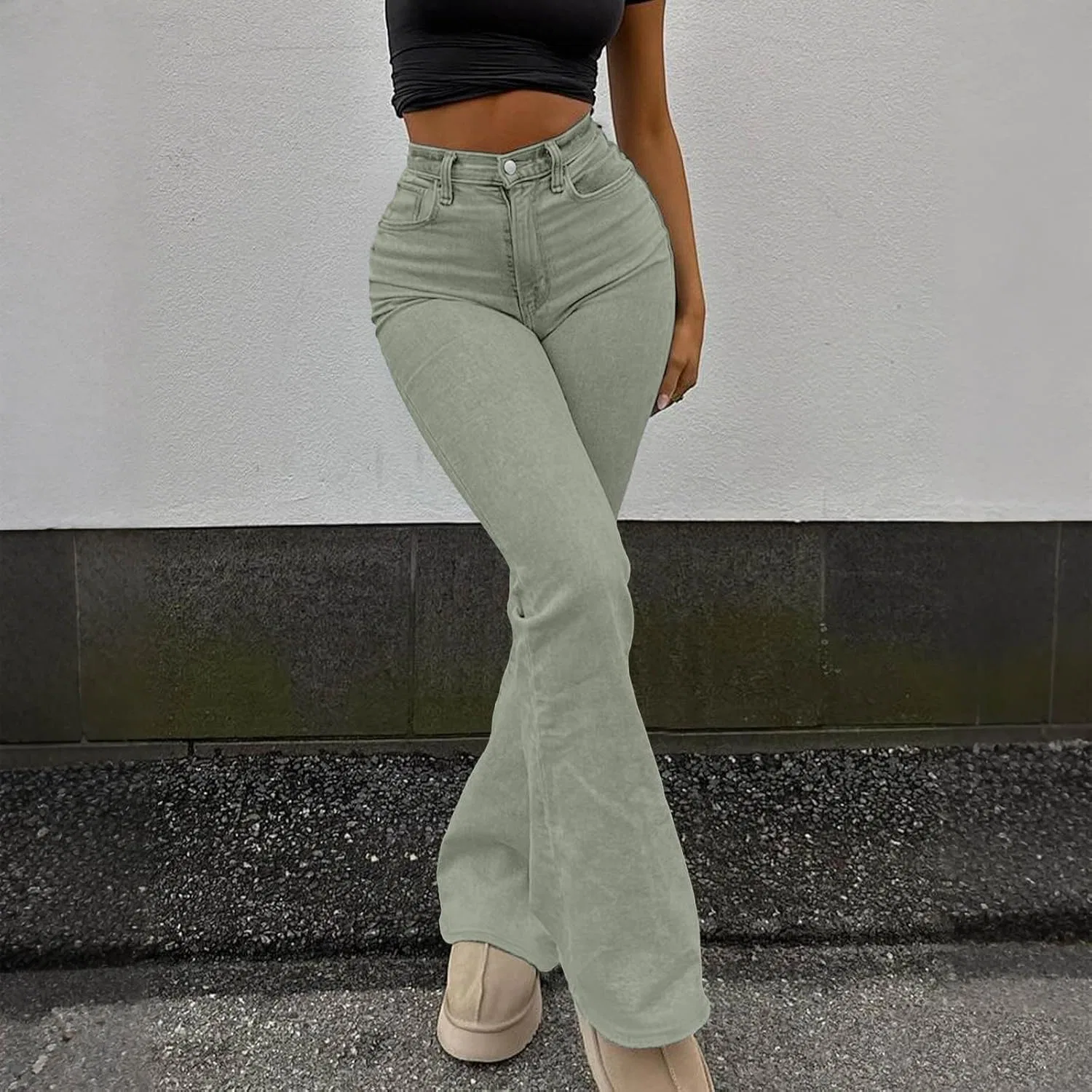 Джинсы Women's High Waist Flare Jeans Rhinestone Slim Fit Bell-Bottoms Skinny Jeans Butt Lifting Stretch Bootcut Denim Pants, A02_green — фото 3