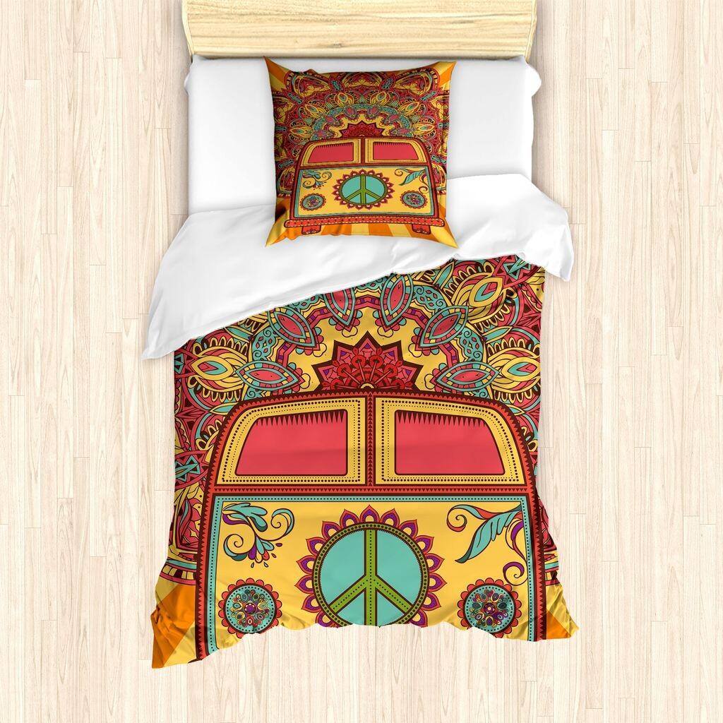 

ABAKUHAUS Комплект пододеяльников в стиле хиппи для односпальных кроватей, символы мира, свобода, защита от клещей, подходит для аллергиков, с наволочкой, горчичный разноцветный, Желтый, ABAKUHAUS Комплект пододеяльников в стиле хиппи для односпальных кро