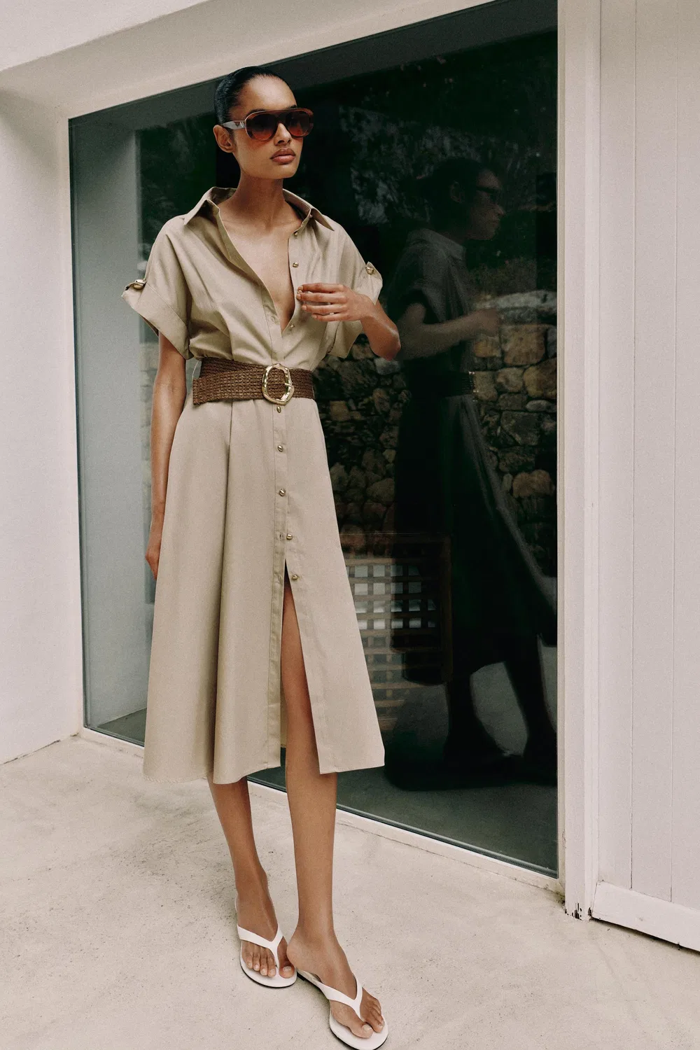Платье миди из поплина с поясом ZARA, Light Beige