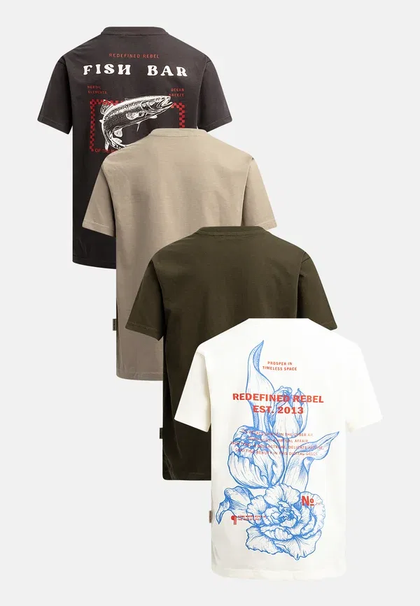 Футболки с принтом Tezane Multipack Tee 4 Pack Redefined Rebel, snow white, vintage khaki, kambaba, pirate black, черный/хаки — фото 4