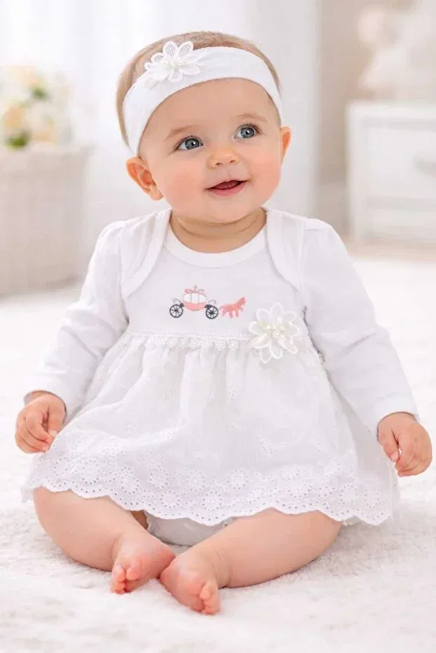 Детское платье для девочек с вышивкой комплект 3 предмета Unez baby girl embroidered crown dress with pantyhose 3-piece set Baybim, White