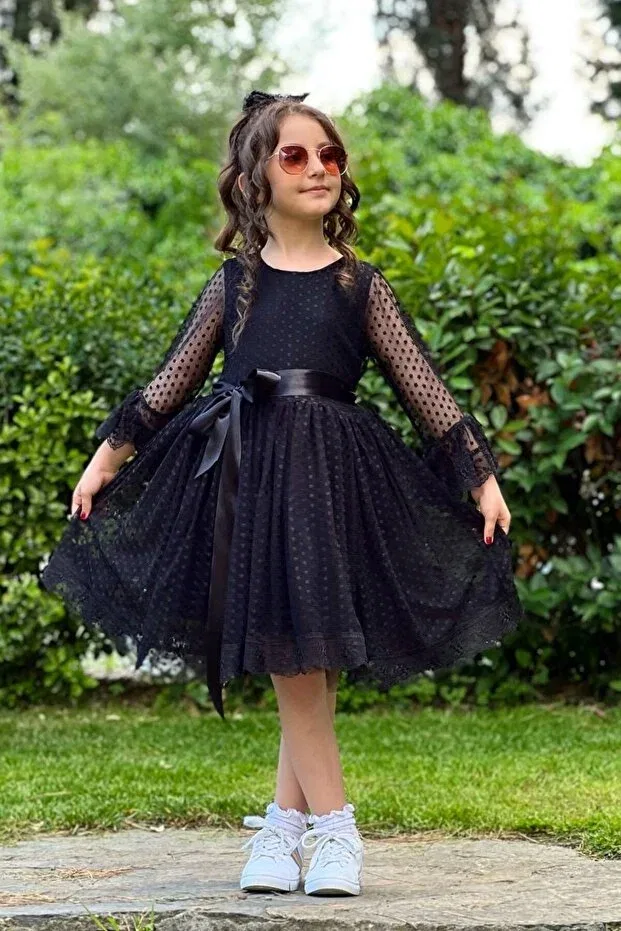 Детское платье для девочек кружевное с длинным рукавом Princess model Abiyekids, Black