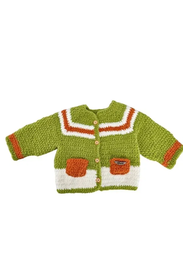 Детский кардиган для девочек в полоску Hand knitted soft plus green orange white striped pocket cardigan Evitle, Green — фото 4