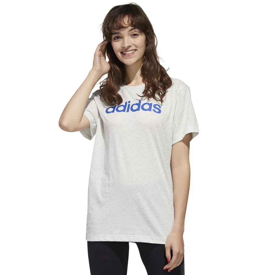 Женская хлопковая футболка Adidas Essentials Linear Loose Tee, Weiss Blau Hellgrau — фото 2