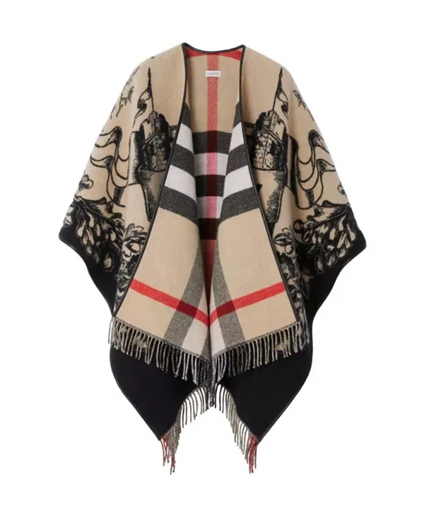 Женский плащ-накидка из шерсти с принтом Reversible EKD Check Wool Cape Burberry, Archive Beige — фото 4