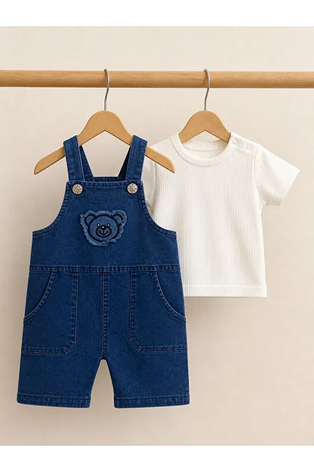 Детский комбинезон для мальчиков джинсовый с принтом Teddy bear denim salopet baby boy set Bymurat Baby, Blue — фото 4