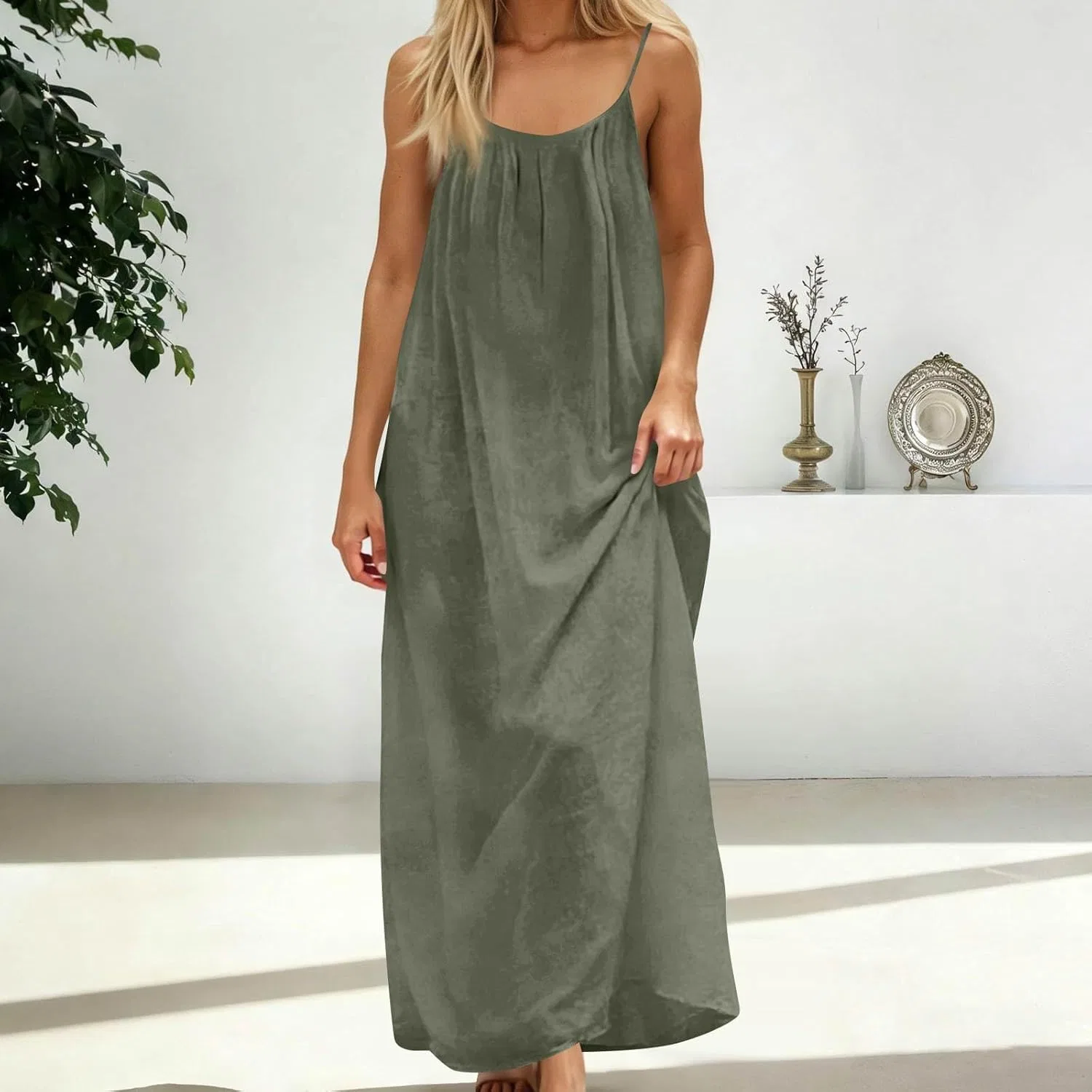 Женский повседневный летний сарафан майка на бретелях с открытой спиной, Army Green — фото 3