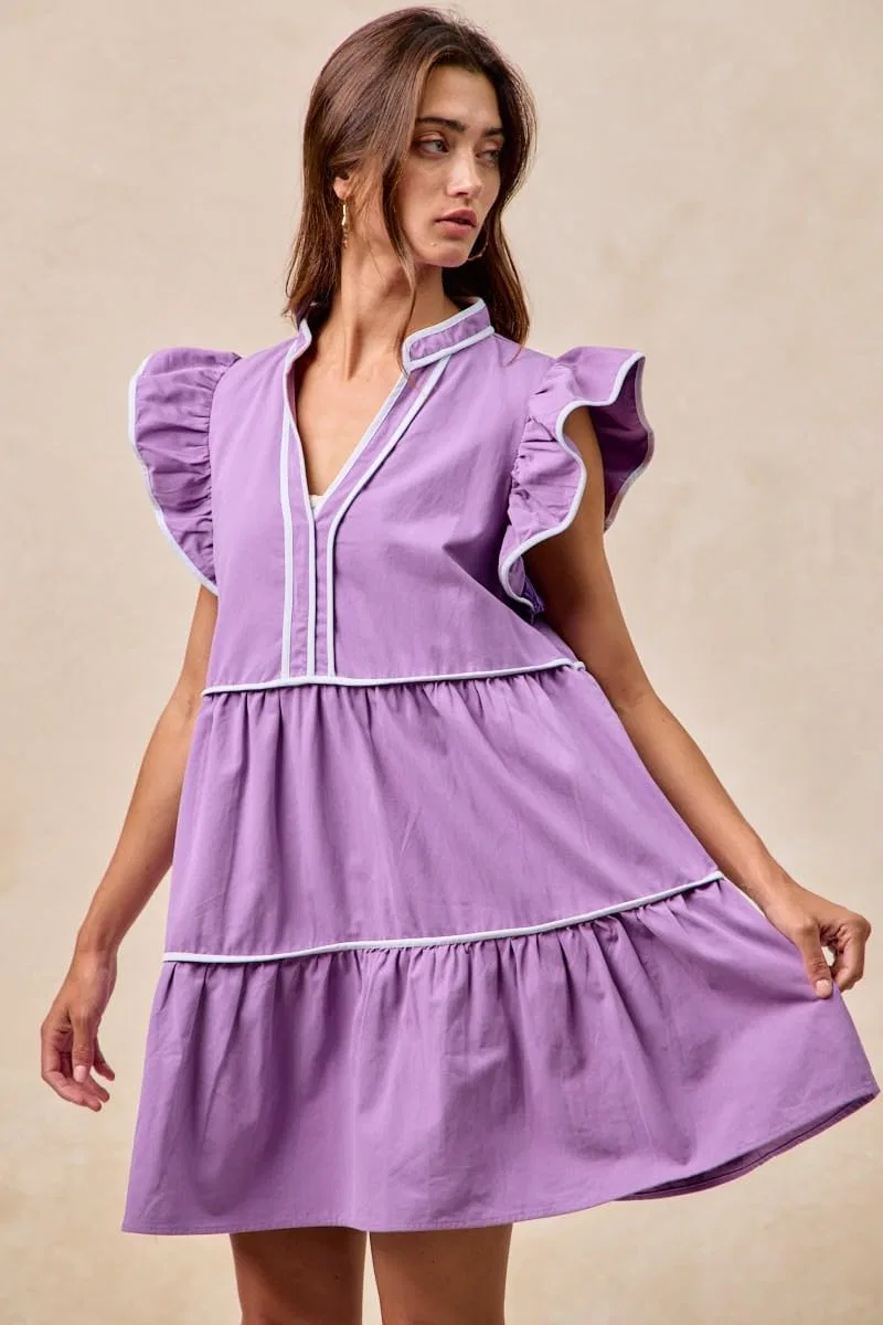 Женское платье мини с контрастной окантовкой и рюшами, Purple — фото 4