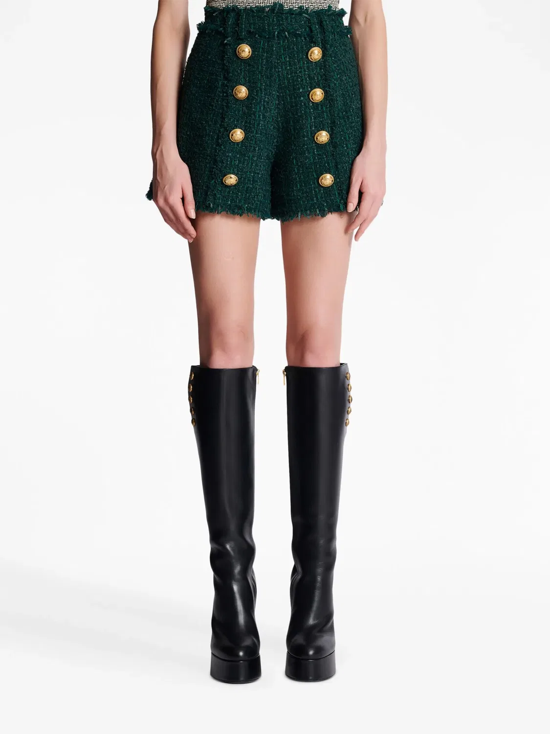 Шорты с кнопочной отделкой из твида Balmain, темно-зеленый — фото 3