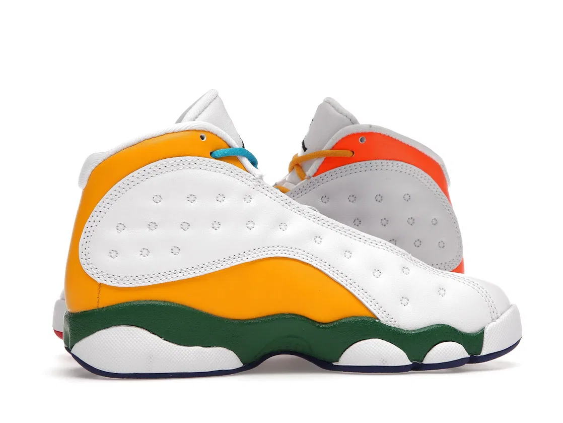 Детские кроссовки для мальчиков с принтом Jordan 13 Retro Jordan, White/Black-Court Purple-Total Orange-Pine Green — фото 3