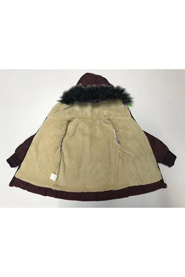 Детское зимнее пальто для девочек с капюшоном и поясом Winter zipper hooded with belt at the waist Baby Slon Kids Clup, Burgundy — фото 3