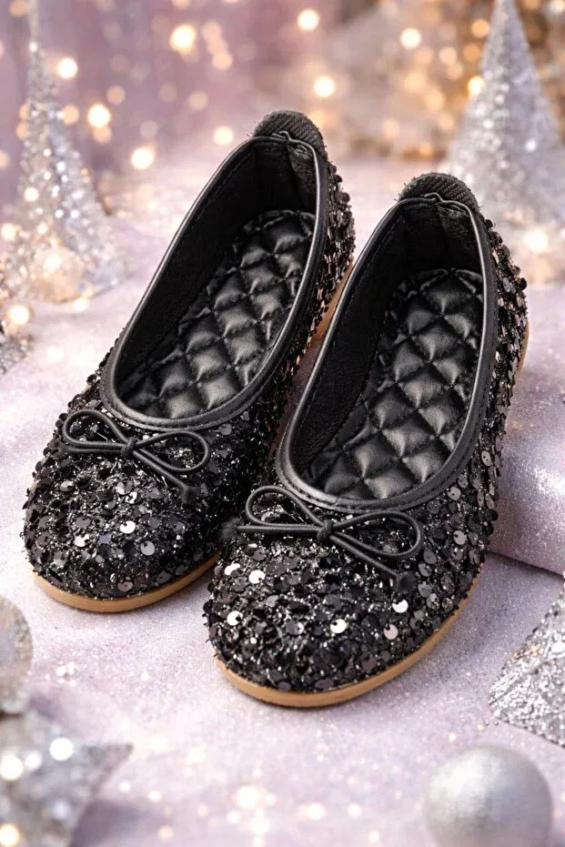 Детские балетки для девочек с бантом Slipcat, Sequined Black — фото 4