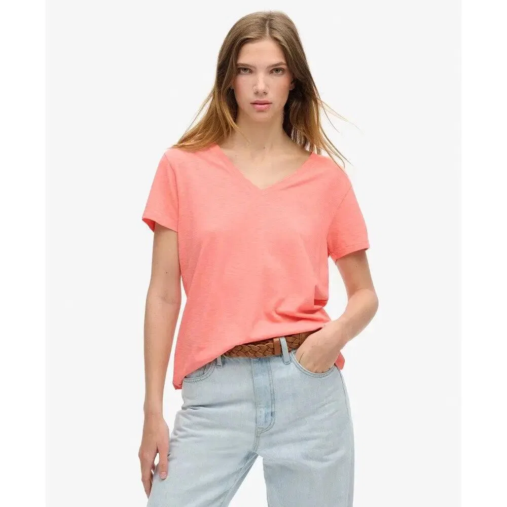 Женская хлопковая футболка с V-образным вырезом Superdry Slub, Роза — фото 3