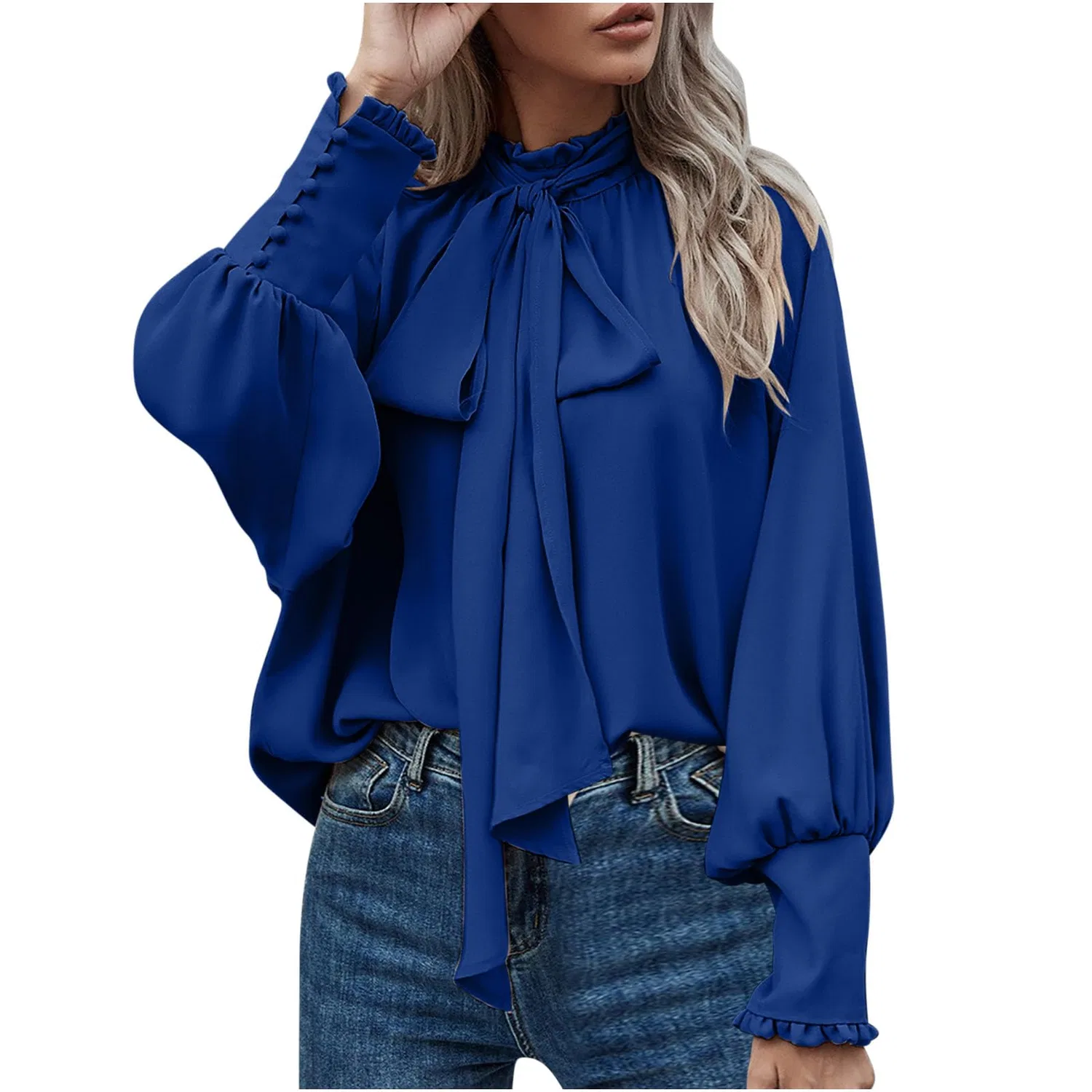 Женская блуза с бантом и рукавом-фонарик, модель Elegant Pullover, Blue