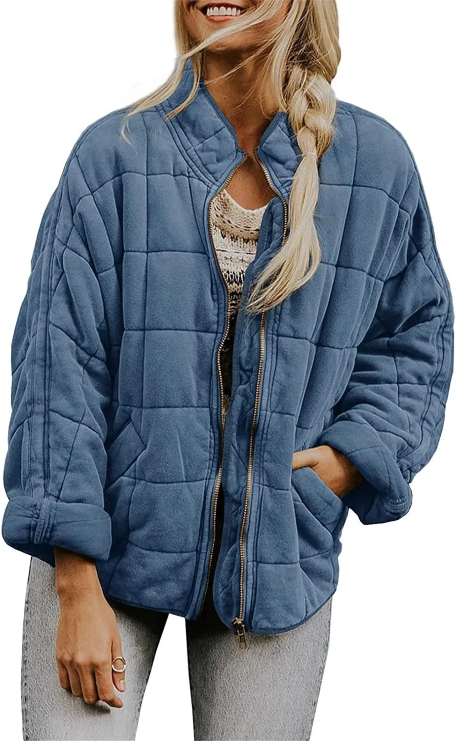 Женское стеганое пальто с длинным рукавом, Blu/Grigio