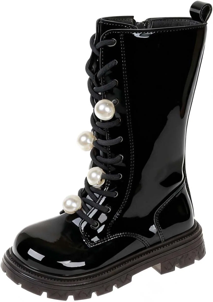 Детские ботинки для девочек с жемчугом Combat Boots Zzalalana, Black