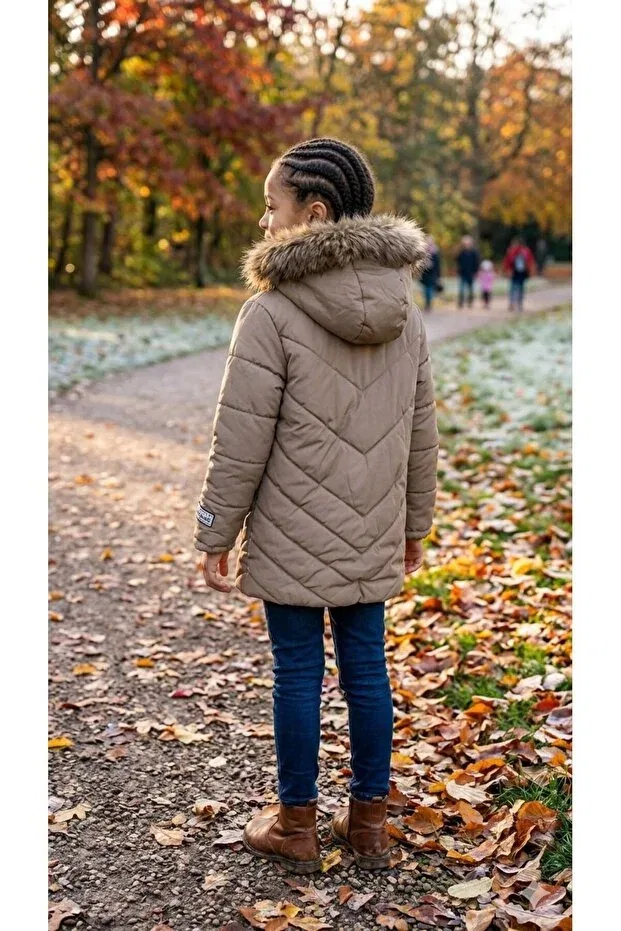 Детское зимнее пальто-пуховик с капюшоном и меховым воротником Haanbebe, Beige — фото 2