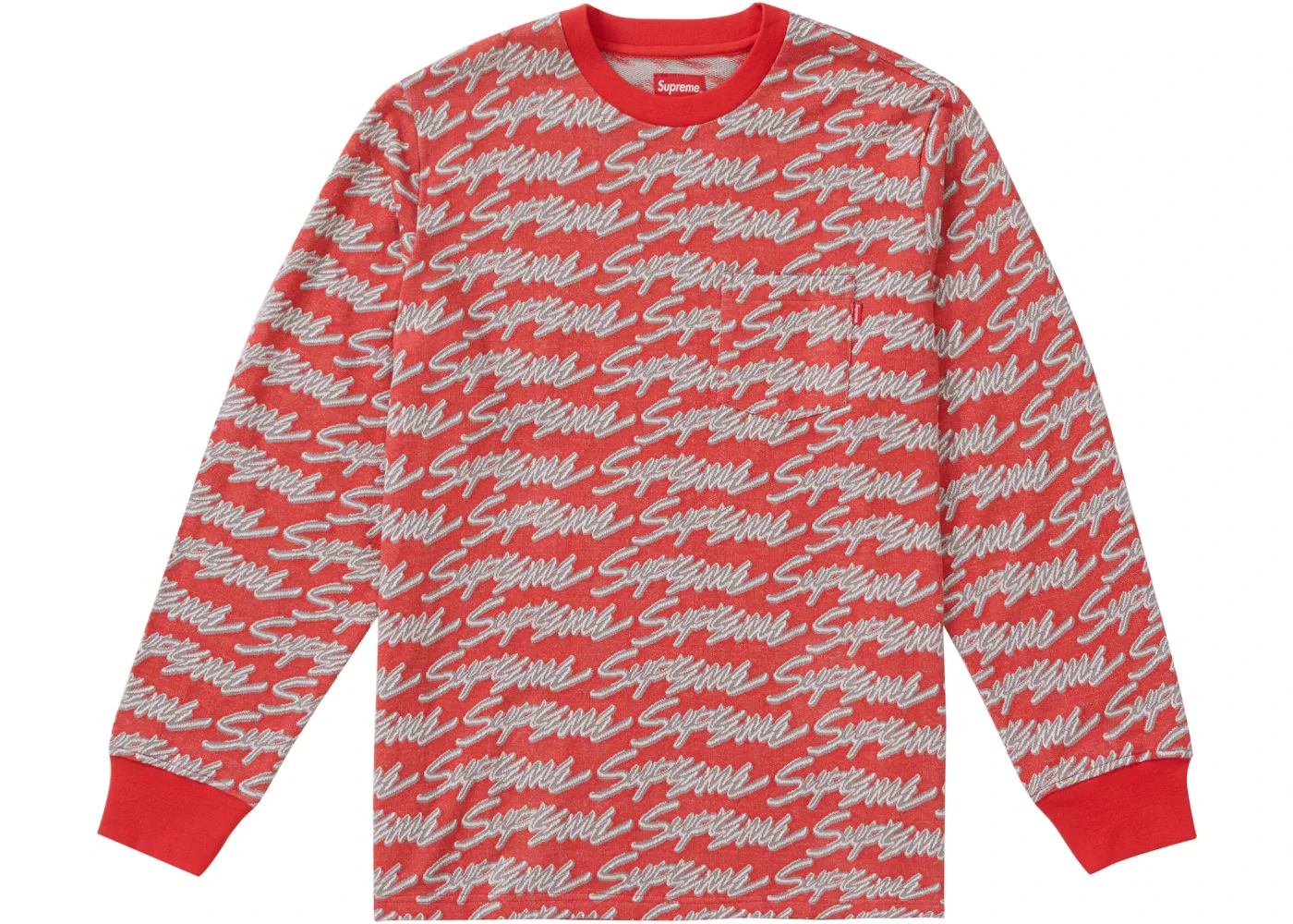 Мужская футболка с длинным рукавом с карманом Supreme Signature Script Logo, красный