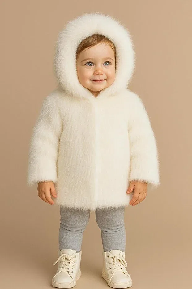 Детское пальто для девочек с искусственным мехом Fur Collar Kürkzone, White