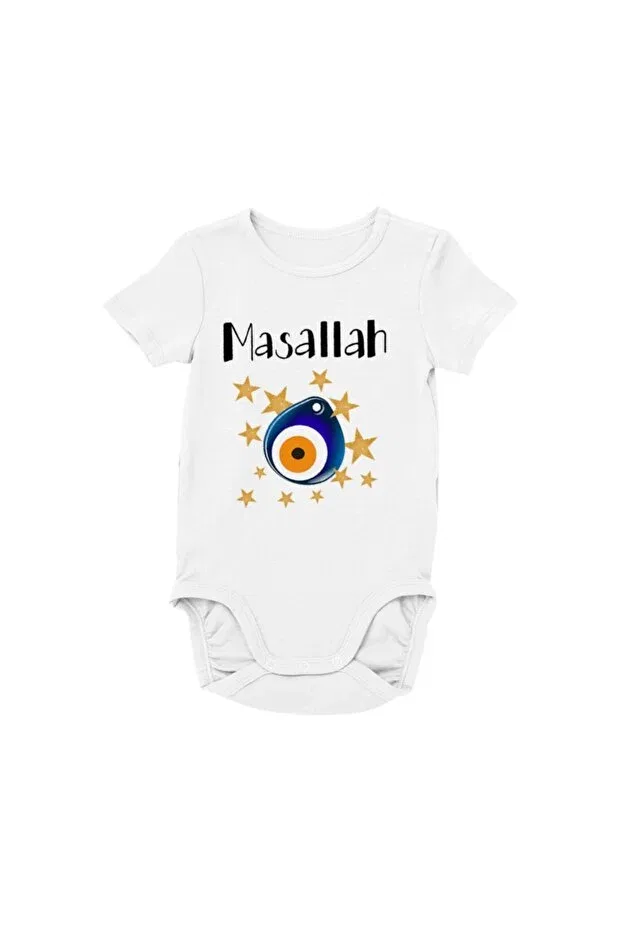 Детское боди для девочек с принтом Mashallah Writing And Evil Eye Beads Design Hepsimex, White