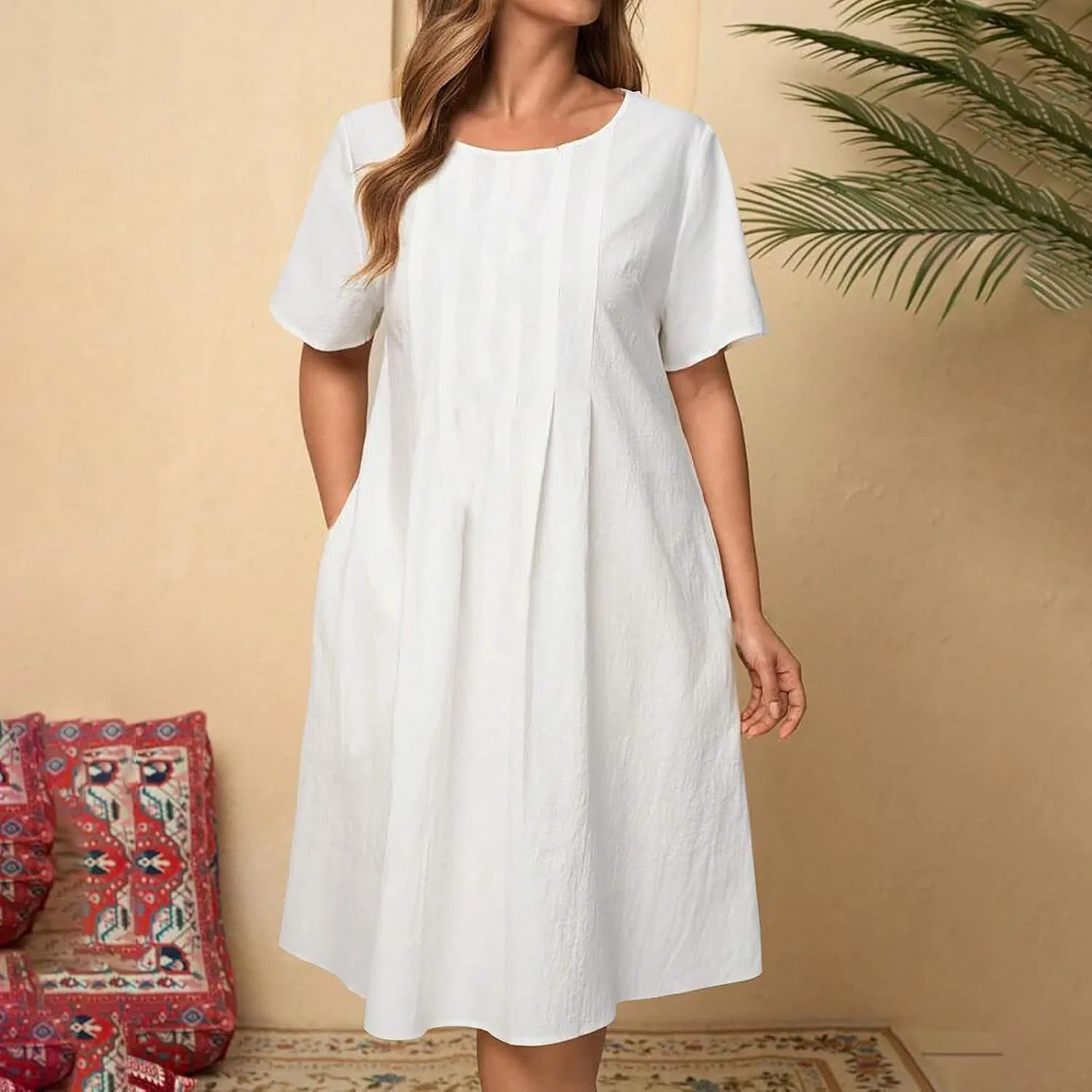 Женское повседневное платье-футболка с плиссировкой Cotton Linen, White — фото 2