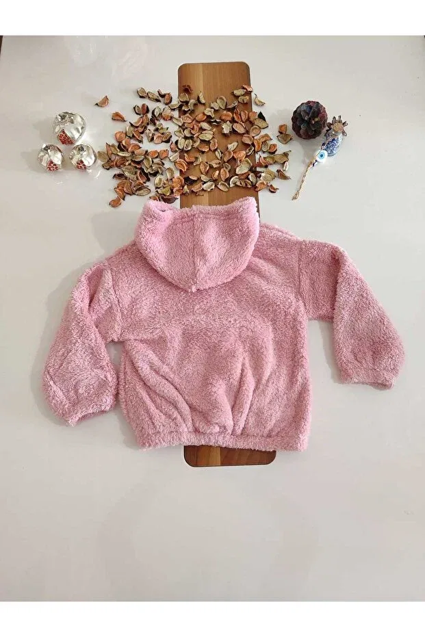 Детский кардиган с капюшоном для девочек, плюшевый, Hooded plush girl's cardigan with bear embroidery bag accessories, Alg, Pink — фото 3