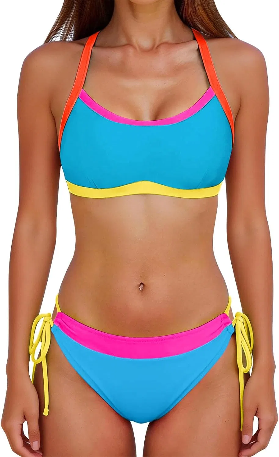 Женский купальный костюм с цветовым блоком, Double-breasted, Hot Pink