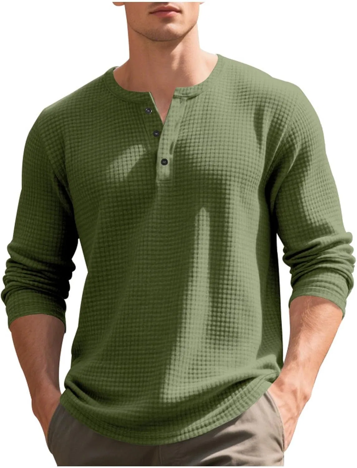 Мужская повседневная футболка с длинным рукавом вафельной вязки, Army Green