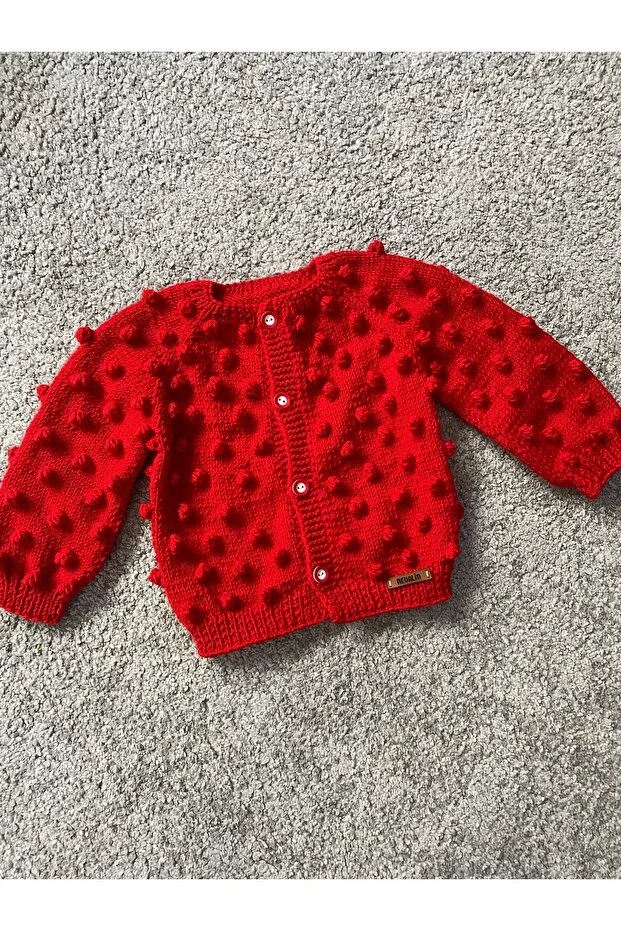 Детский кардиган с попкорновым узором Hand knitted popcorn detailed cardigan Nevalin, Red