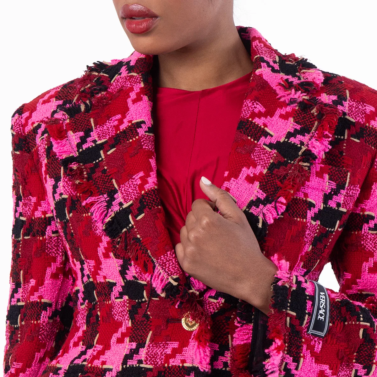 Жакет с принтом в клетку Medusa Tweed Check Versace, Parade Red/Fuchsia — фото 2