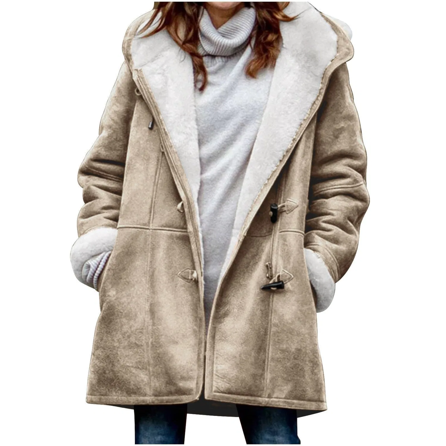 Женское зимнее пальто с капюшоном, свободного кроя, Pea Coat, cachi