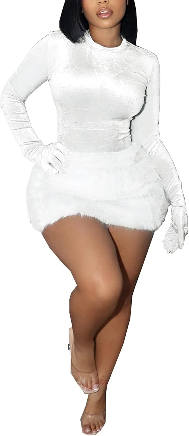 Женский клубный комплект из топа и юбки с ворсом, White