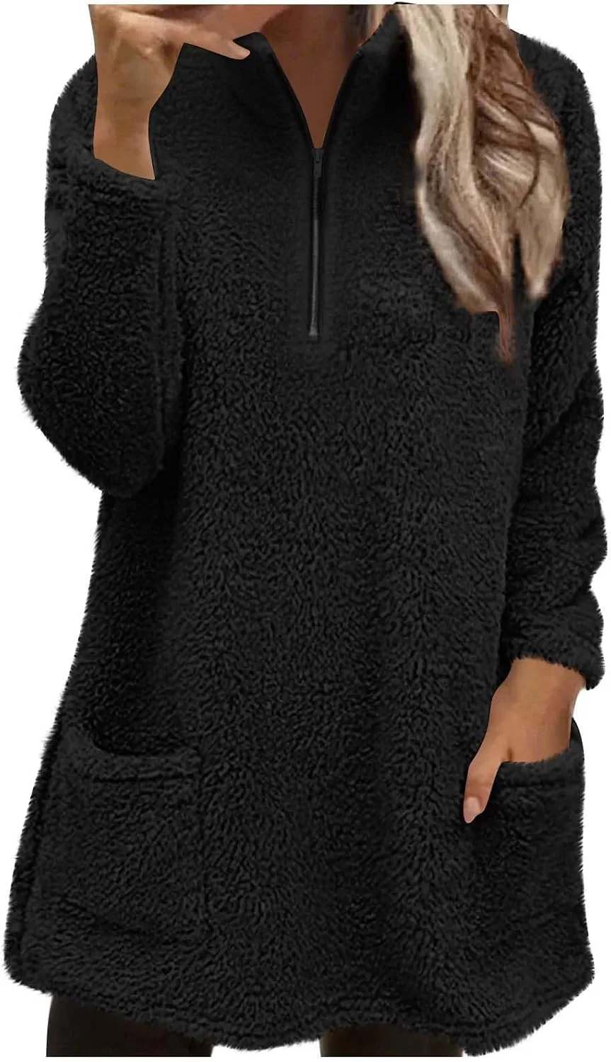 Женский флисовый пуловер с высоким воротником и молнией, Oversized, чёрный
