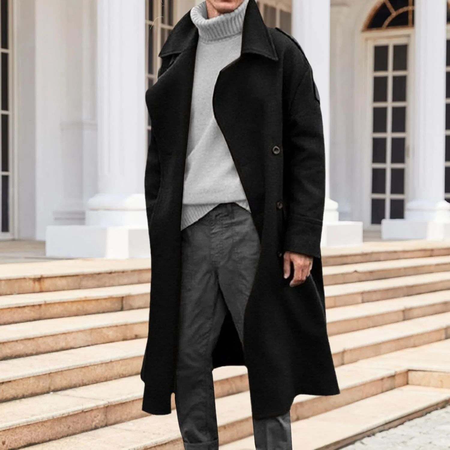 Мужское длинное пальто Oversized Notched Long Faux Blend Trench Coat, чёрный — фото 2