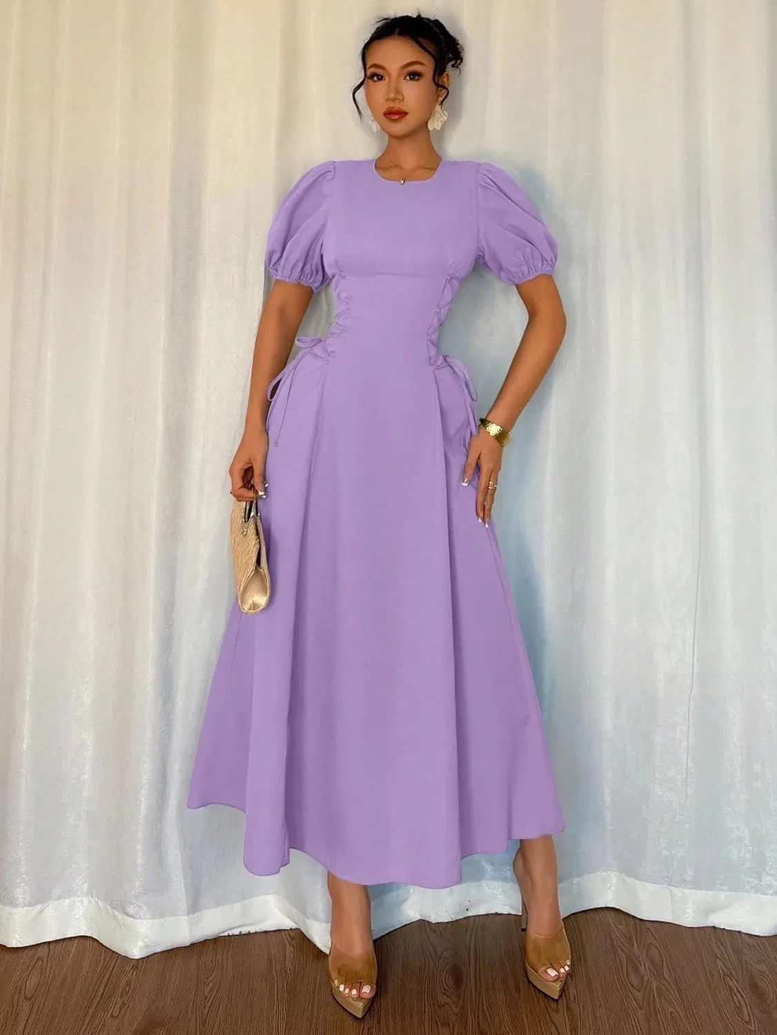 Женское повседневное платье миди с завязками A Line, Mauve Purple — фото 3