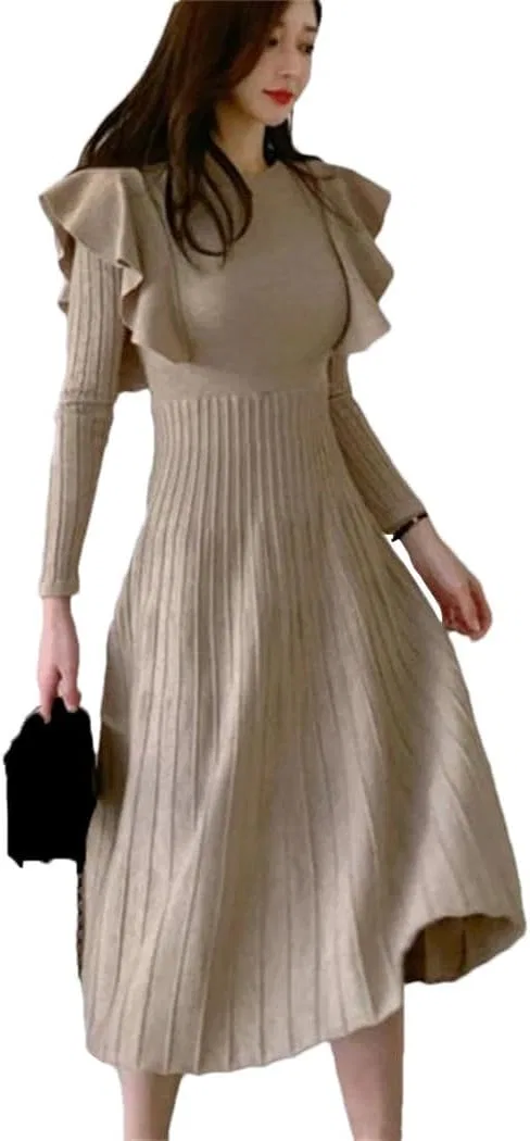 Женское вязаное платье миди с рюшами O-Neck, Beige