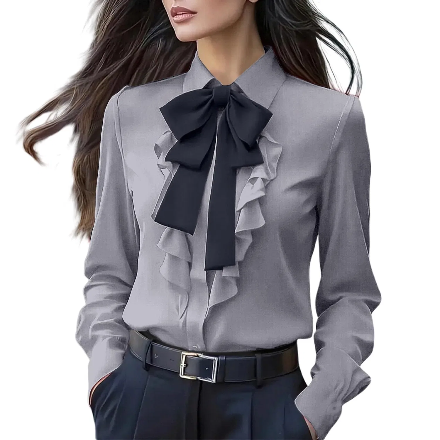 Женская блузка с длинным рукавом с бантом Elegant Work Shirt, Satin 04-grey