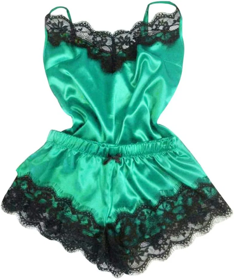Комплект пижамы из атласа, кружево, Green