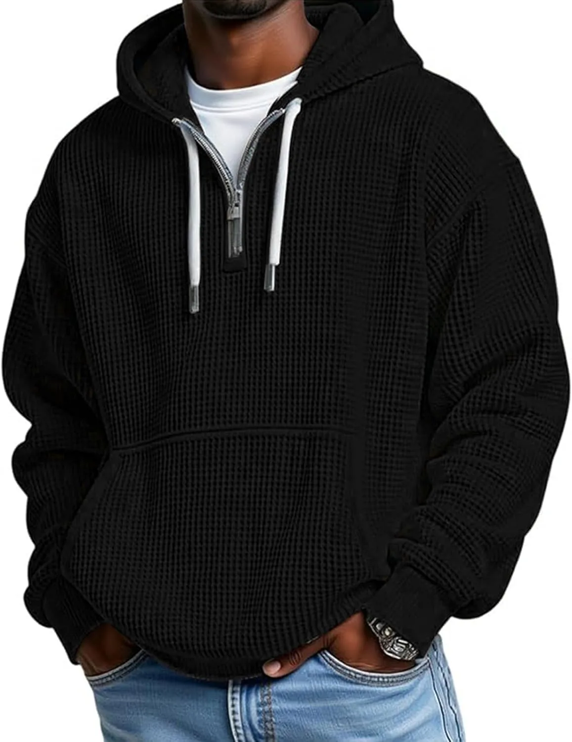 

Мужская повседневная худи с четверть-молнией и жаккардовым узором, свободного кроя