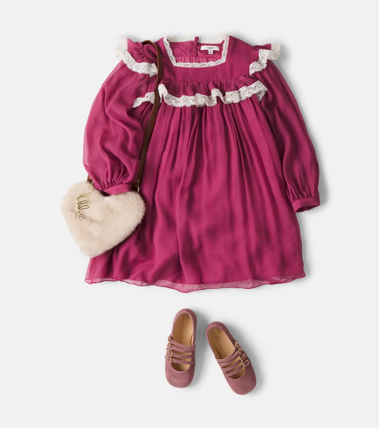 Нарядное шелковое платье с кружевной отделкой Chloé Kids, розовый — фото 2