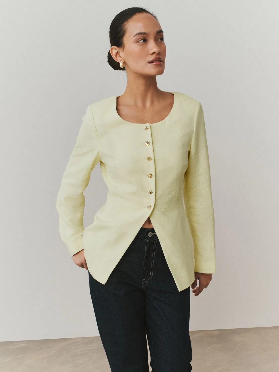 Жакет без воротника из льна с херрингбон, Butter Yellow Next