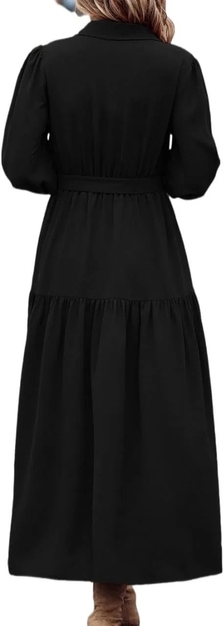 Женское элегантное платье-рубашка с поясом, Black — фото 2