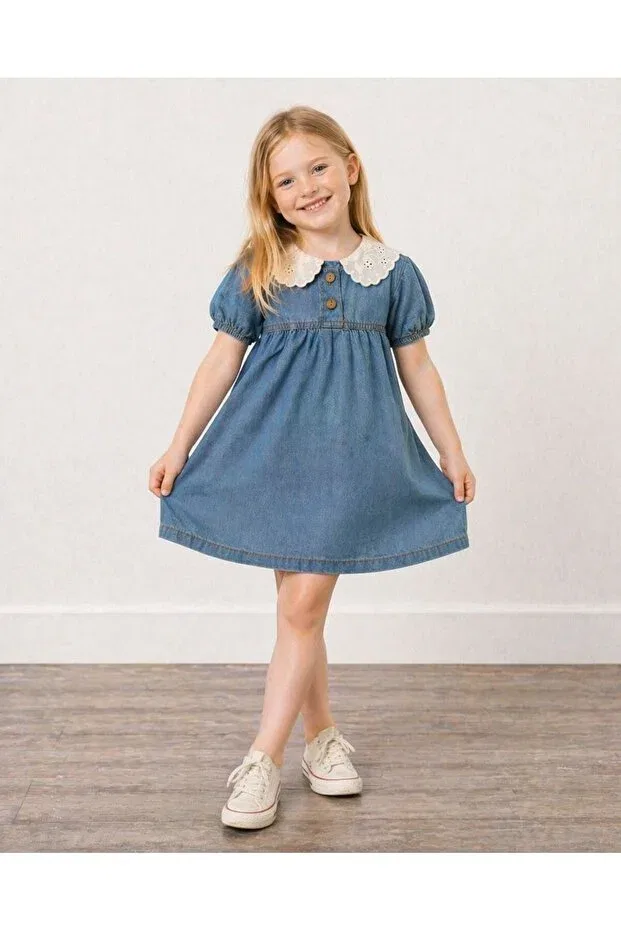Детское платье для девочек джинсовое с кружевным воротником Yigit Butik, Blue — фото 3