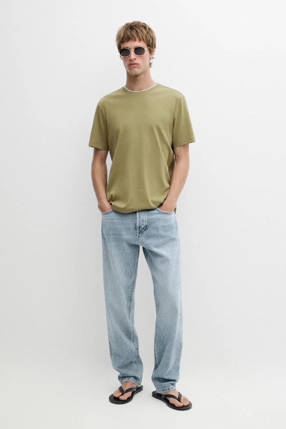 Футболка Massimo Dutti 100% Cotton Layered Collar, зеленый — фото 3