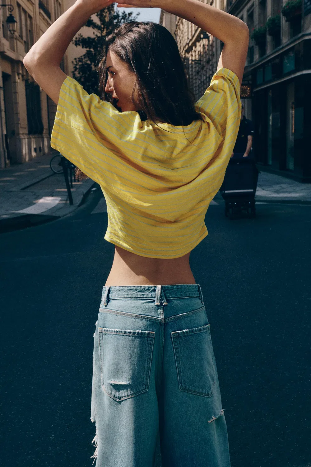 Футболка в полоску из хлопка и льна ZARA, Yellow — фото 4