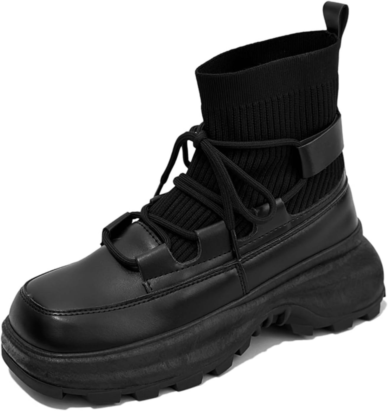 

Мужские кожаные ботинки до щиколотки с вязаным воротником-носком, Толстая подошва (с зелеными акцентами/все черное), Противоскользящие для прогулок по городу, осень-зима, комфортные Kelibasi