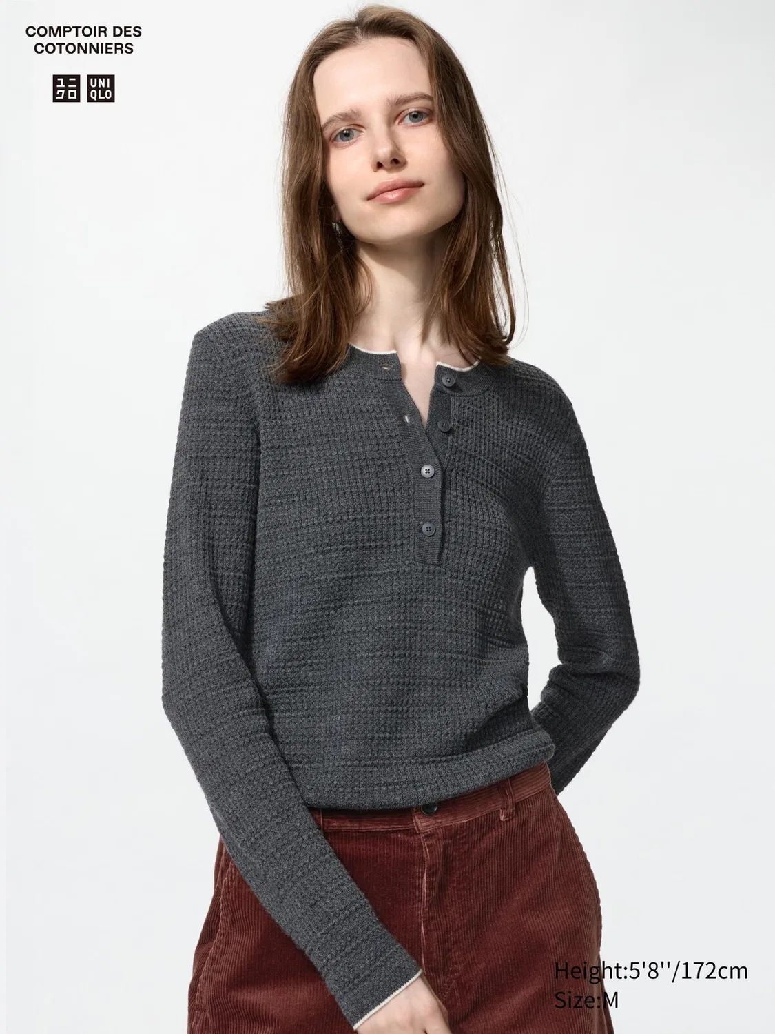 Свитер-поло Uniqlo, с воротником-хенли, темно-серый