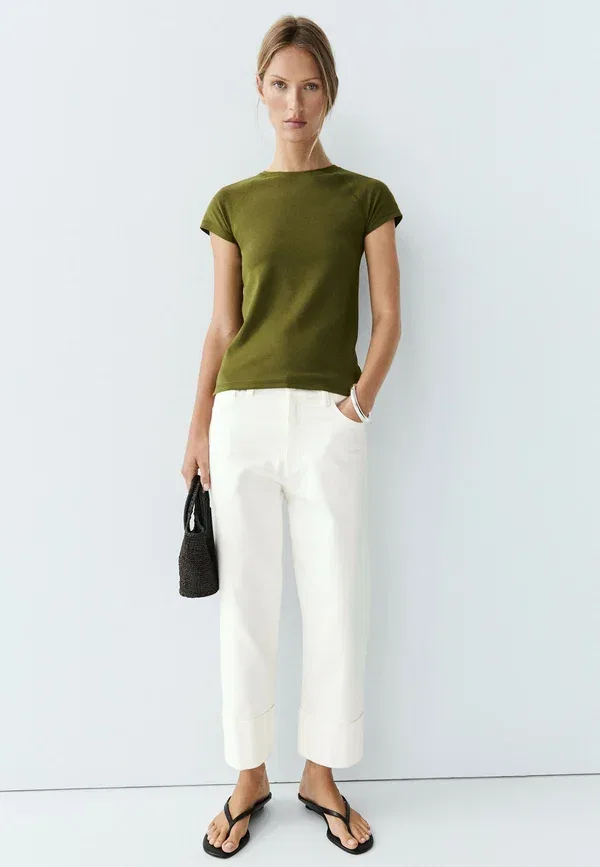 Футболка хлопковая Basic T-shirt Massimo Dutti, khaki, хаки — фото 4