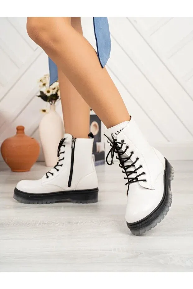 Детские ботинки для девочек с принтом Patent Leather Zippered Girl's Boots Ramer, White — фото 2